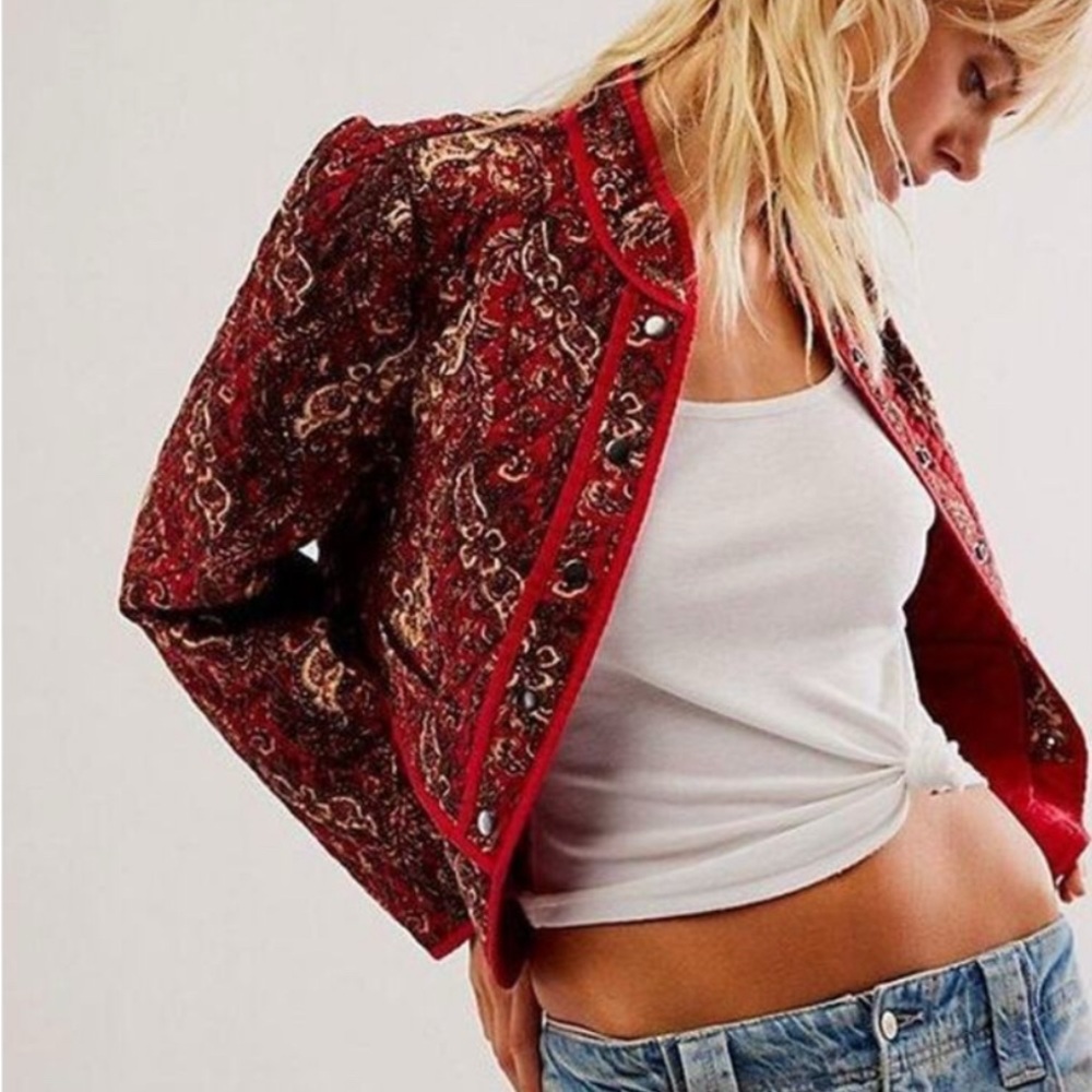 Free People Zoey Jacket - Red Boho Embroidered Vintage Style Size (S)